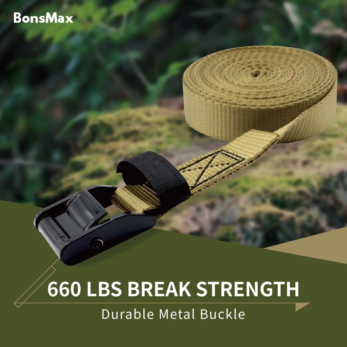 1"x15' Cam Buckle Lashing Strap 4Pack-Khaki
