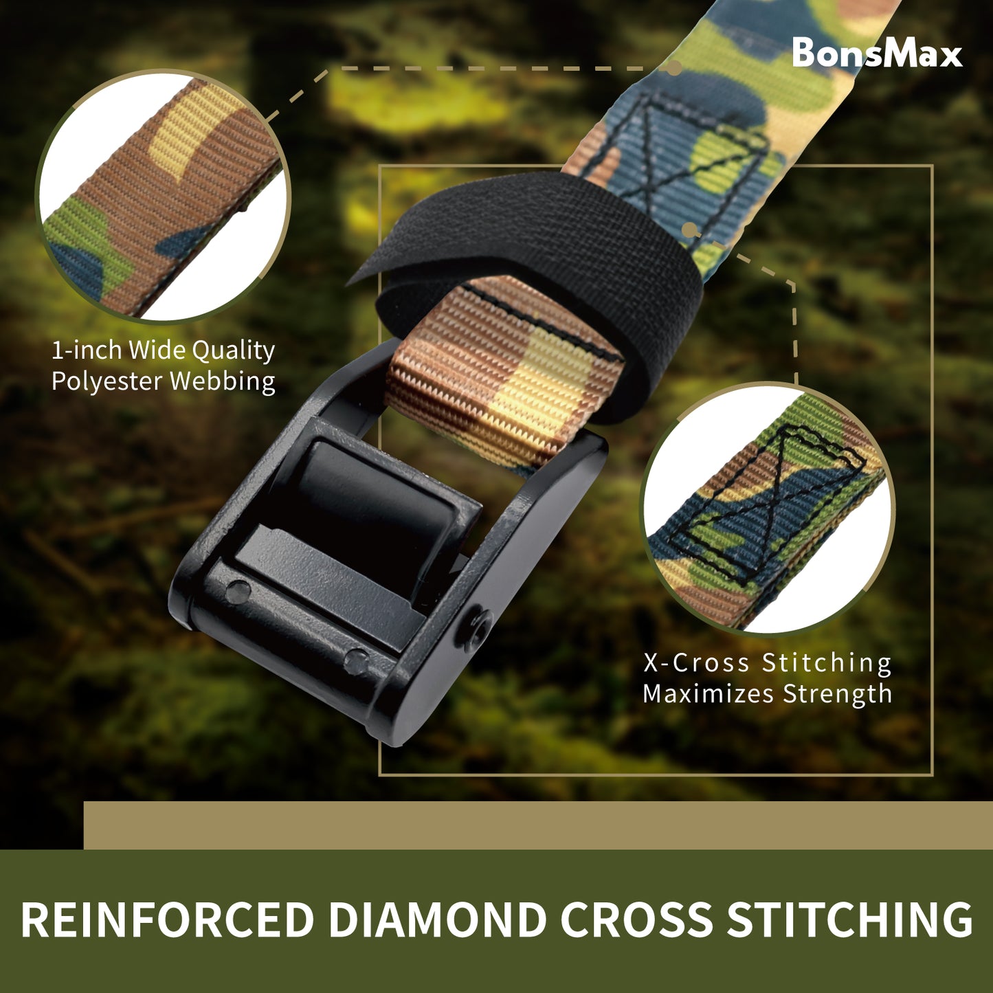 1"x15' Cam Buckle Lashing Strap 4Pack-Camo