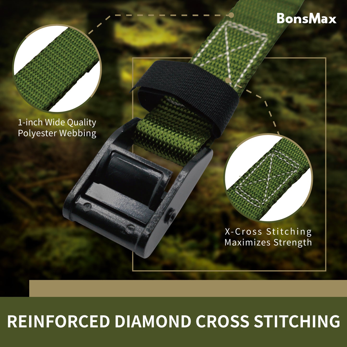1"x15' Cam Buckle Lashing Strap 4Pack-Olive Green