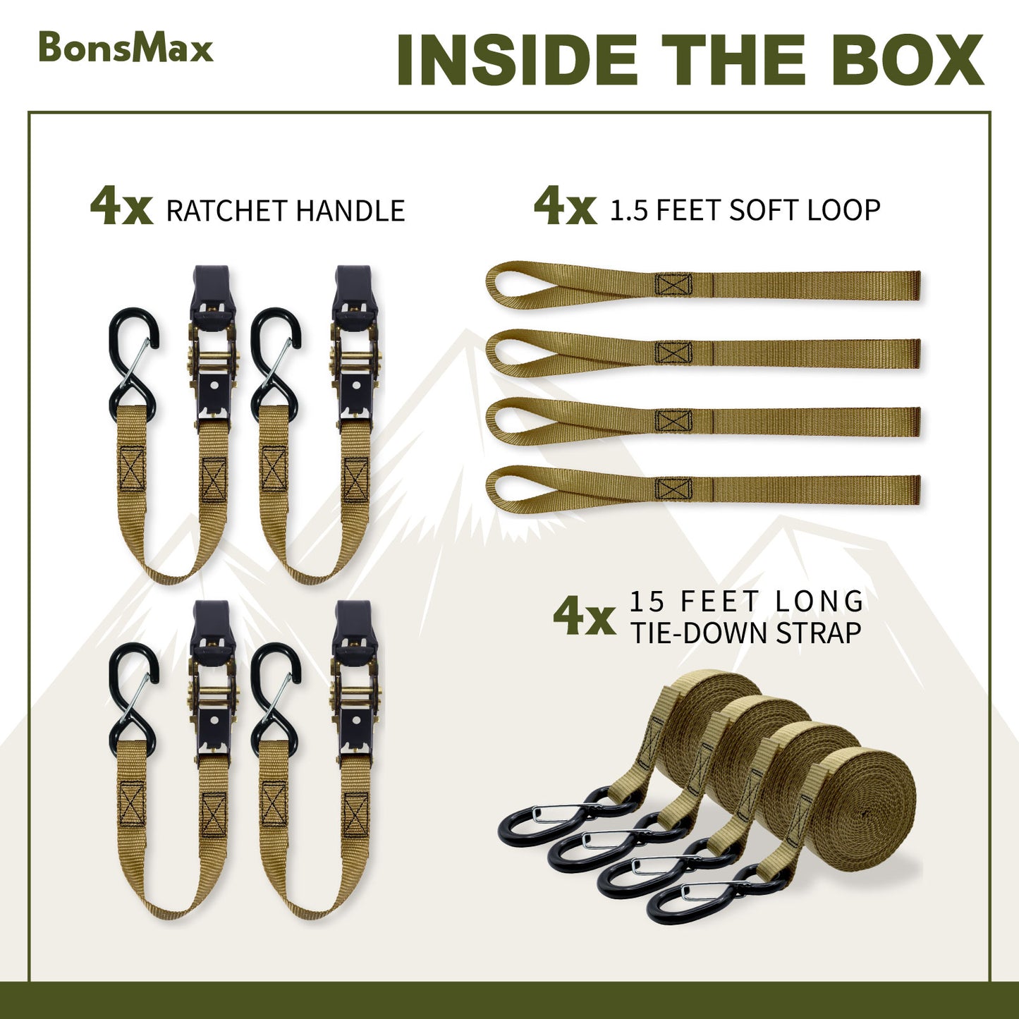 1"x15' Ratchet Straps with Soft Loops 4Pack-Khaki