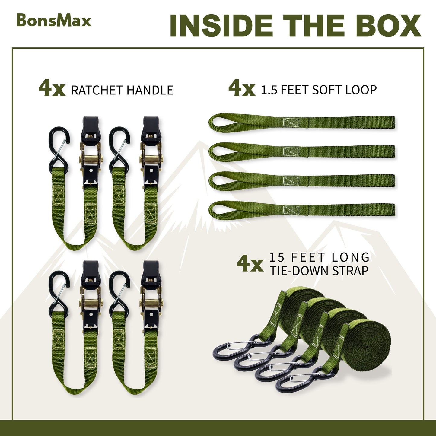 1"x15' Ratchet Straps with Soft Loops 4Pack-Olive Green