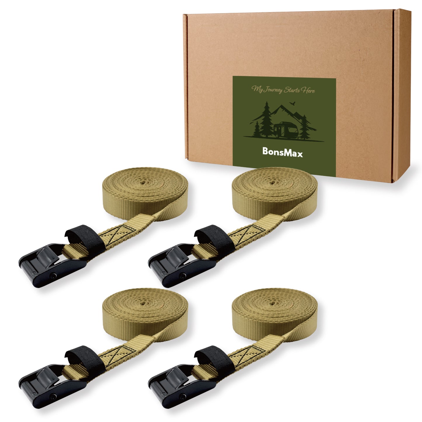 1"x15' Cam Buckle Lashing Strap 4Pack-Khaki